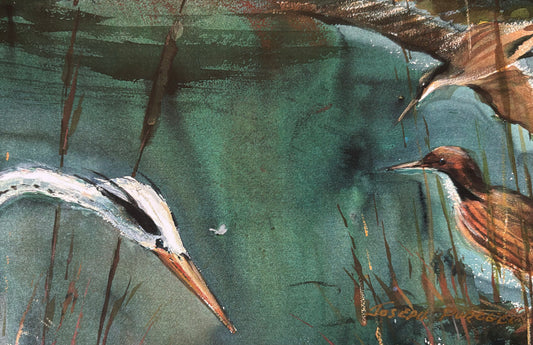 Heron on the watch, a Print from a watercolour painting by Joseph
