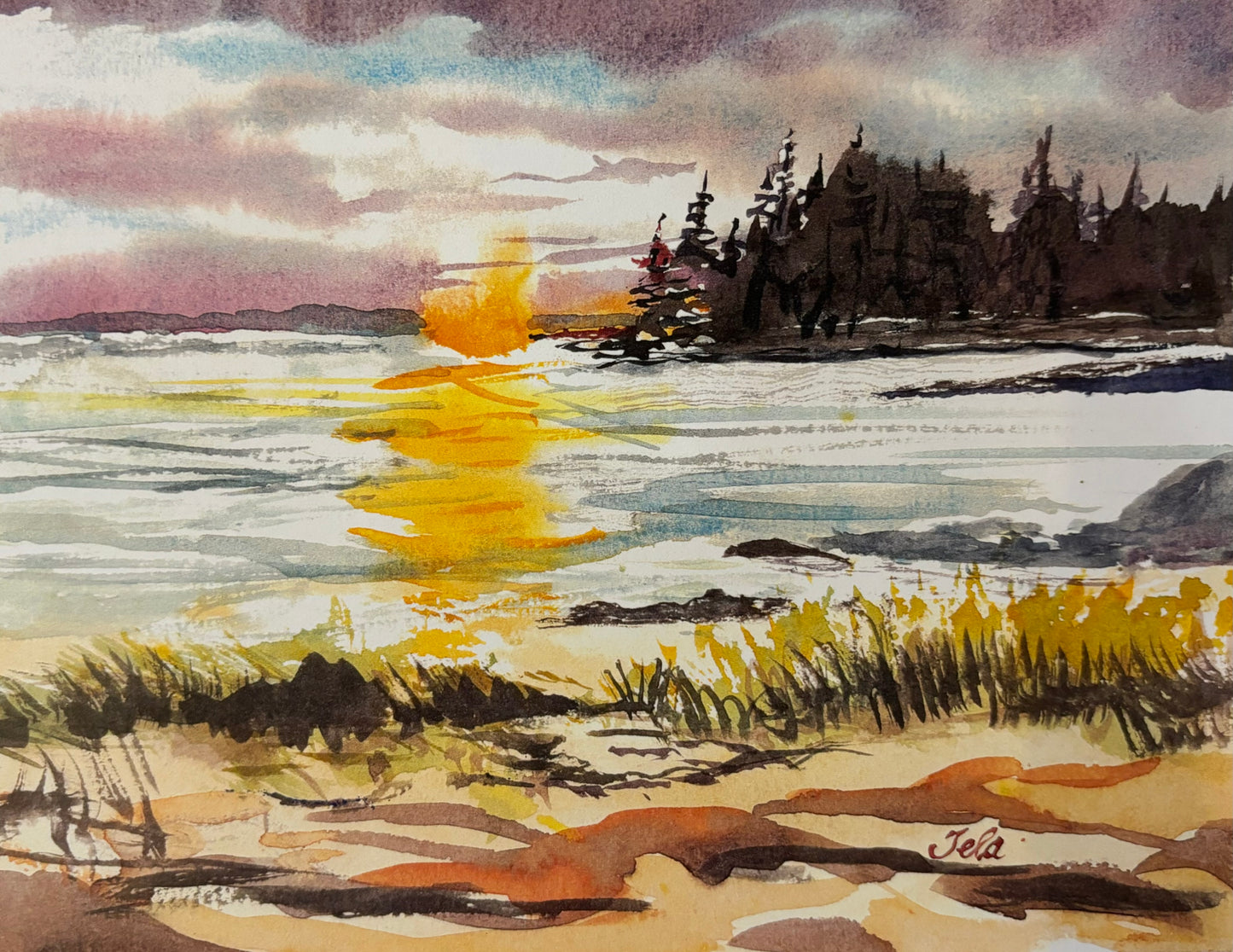 Sunset at Battery Point Beach, A Print from a watercolour painting by Tela